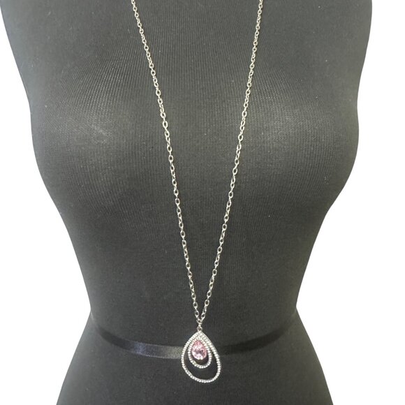 Teardrop Pendant Necklace Silver Chain Pink Gemstone Crystal Rhinestones 36 Inch - Picture 3 of 4